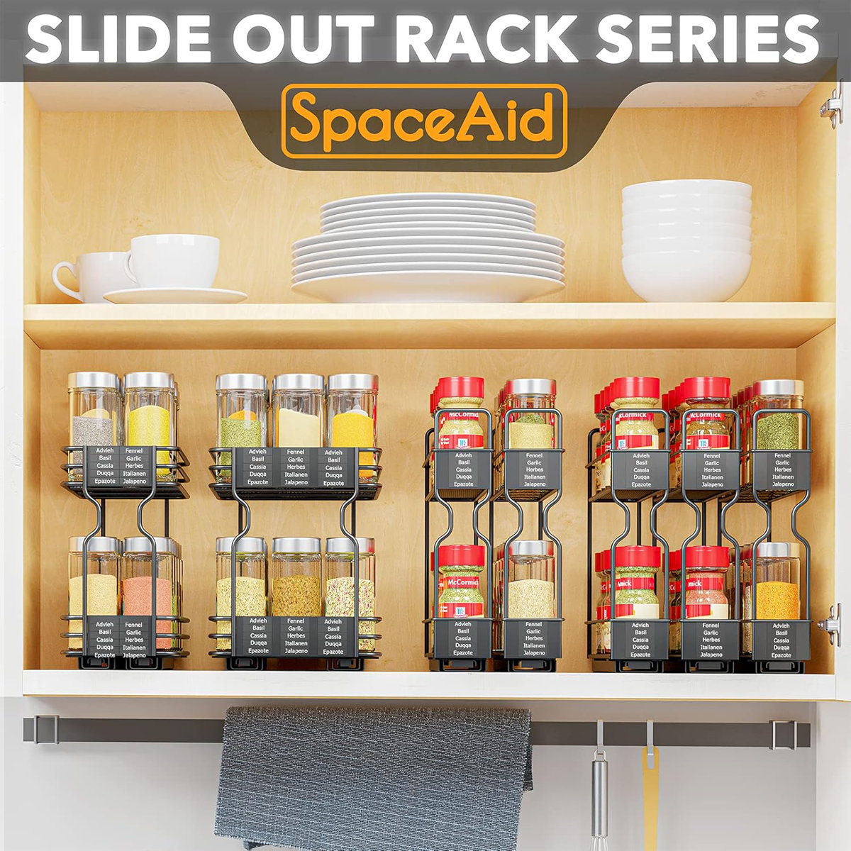 2-Tier Pull Out Spice Rack Organizer for Cabinet, Heavy Duty Slide Out Seasoning Organizer with Labels, 7.7"W x 10.75"D x 10"H, 3 Drawers